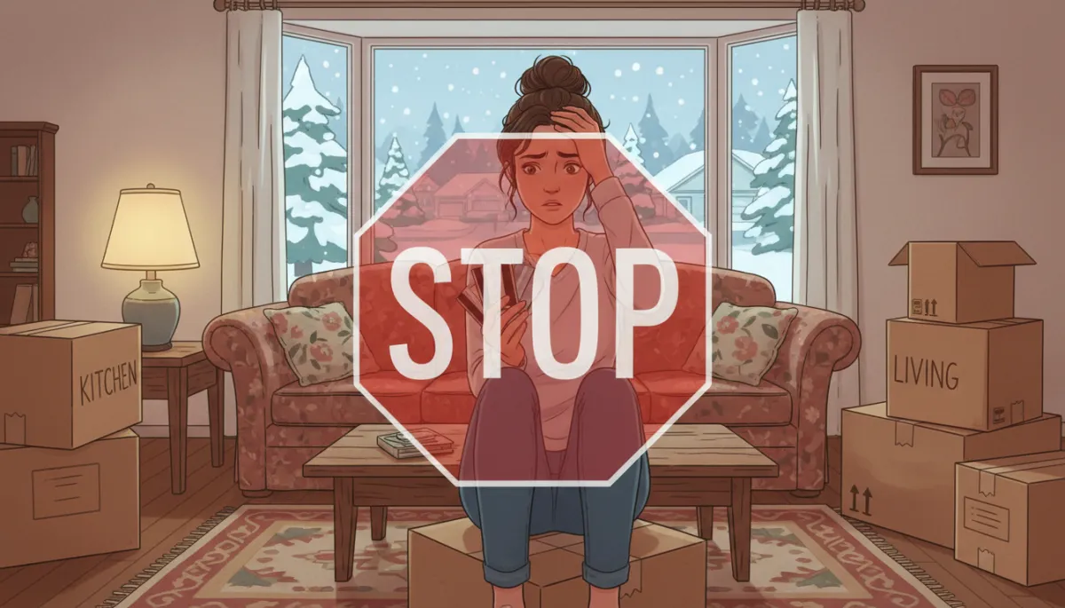 Photorealistic scene of a first-time homebuyer in a modest Minnesota living room, surrounded by moving boxes, looking stressed while holding multiple credit cards, with a bold red STOP sign graphic subtly overlaid in front of them, cozy Midwestern home details visible through a window with light snow outside