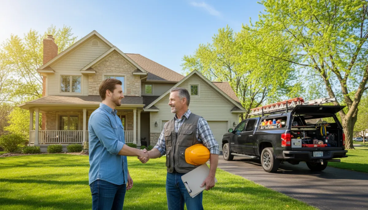 Photorealistic scene of a first-time homeowner shaking hands with a professional contractor in front of a well-kept suburban Minnesota home in spring, both smiling, contractor holding a clipboard, pickup truck with tools in the driveway, leafy trees and clear sky in the background
