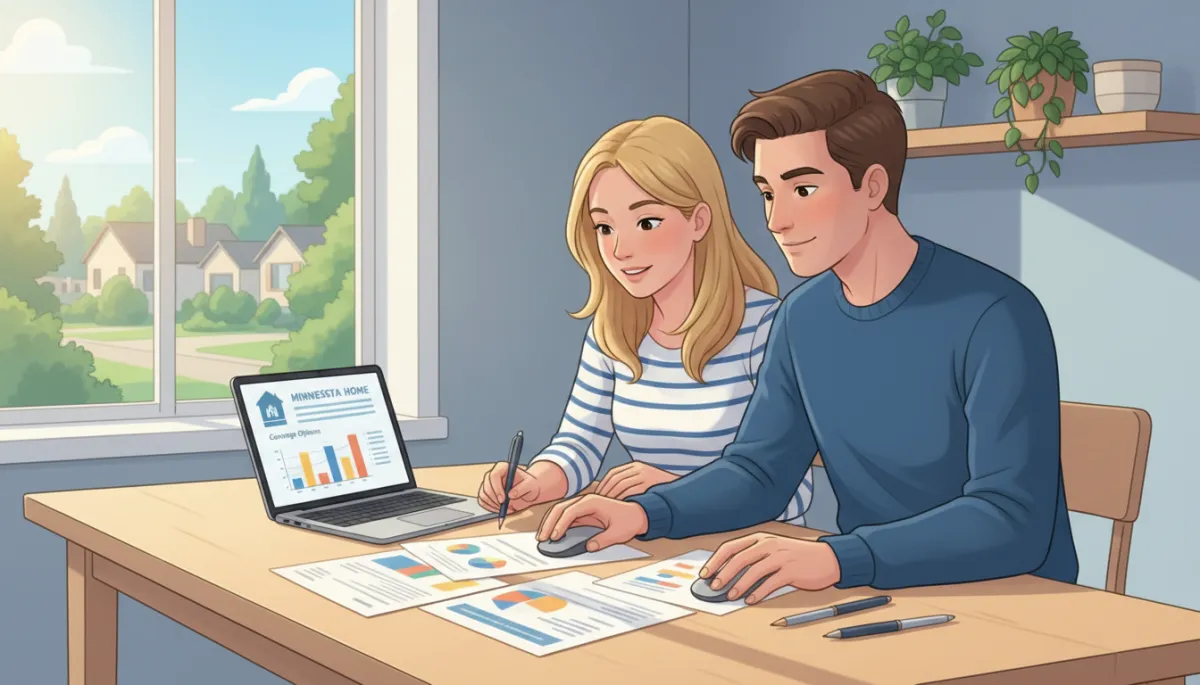 Young Minnesota couple sitting with a laptop and documents at a kitchen table, comparing homeowner's insurance quotes, sunlight coming through window, suburban neighborhood visible outside