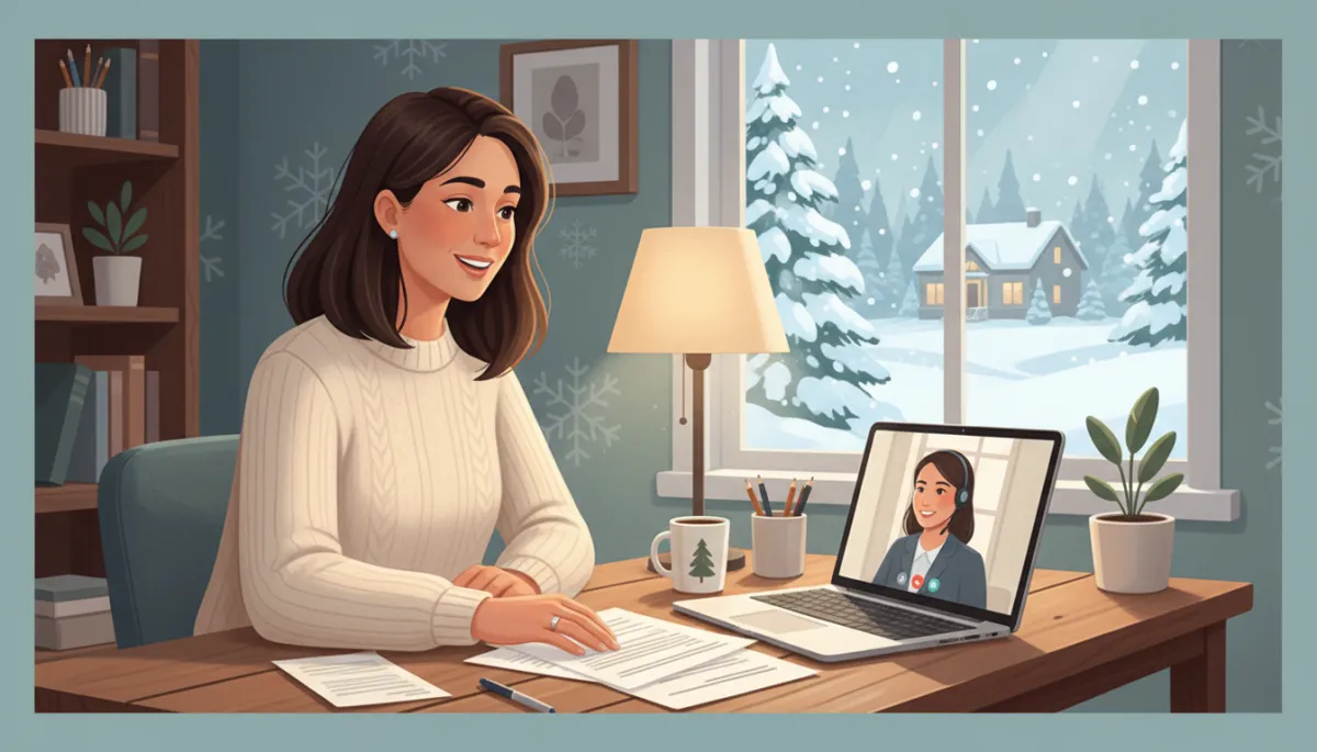 Photorealistic scene of a first-time homeowner in a cozy Minnesota home office, sitting at a wooden desk with snow visible outside the window, calmly reviewing mortgage refinancing documents while speaking with a lender on a laptop video call, warm lamplight, organized paperwork and a coffee mug nearby