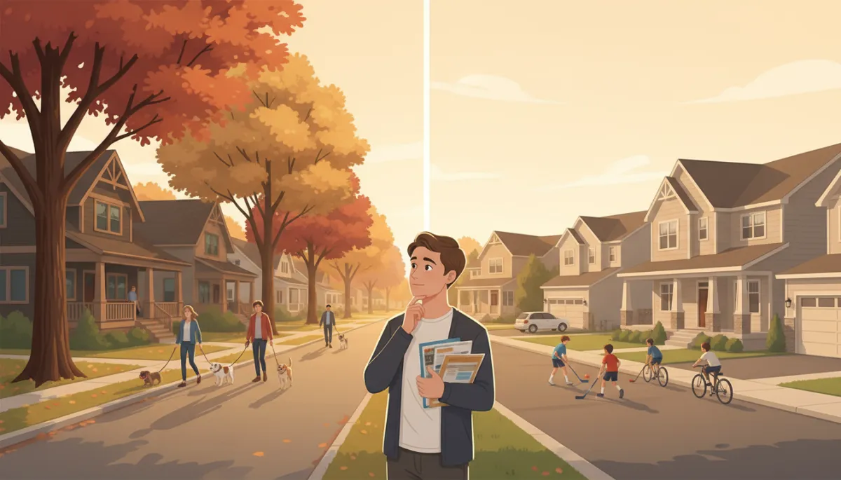 Side-by-side split view of two Minnesota suburban neighborhoods at golden hour, left side showing a tree-lined Wright County street with craftsman-style homes and families walking dogs, right side showing a Sherburne County cul-de-sac with newer construction homes and kids playing, in the center foreground a young first-time homebuyer stands thoughtfully with a folder of listings, soft fall colors, photorealistic