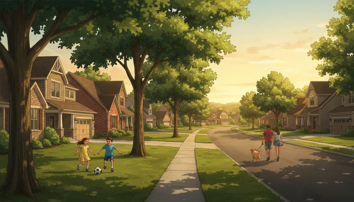 Photorealistic late-afternoon scene of a newer suburban neighborhood in Albertville or St. Michael, Minnesota, with craftsman-style and two-story homes, tree-lined sidewalks, children playing in a front yard, a couple walking a dog, and warm summer light creating a welcoming Wright County community feel