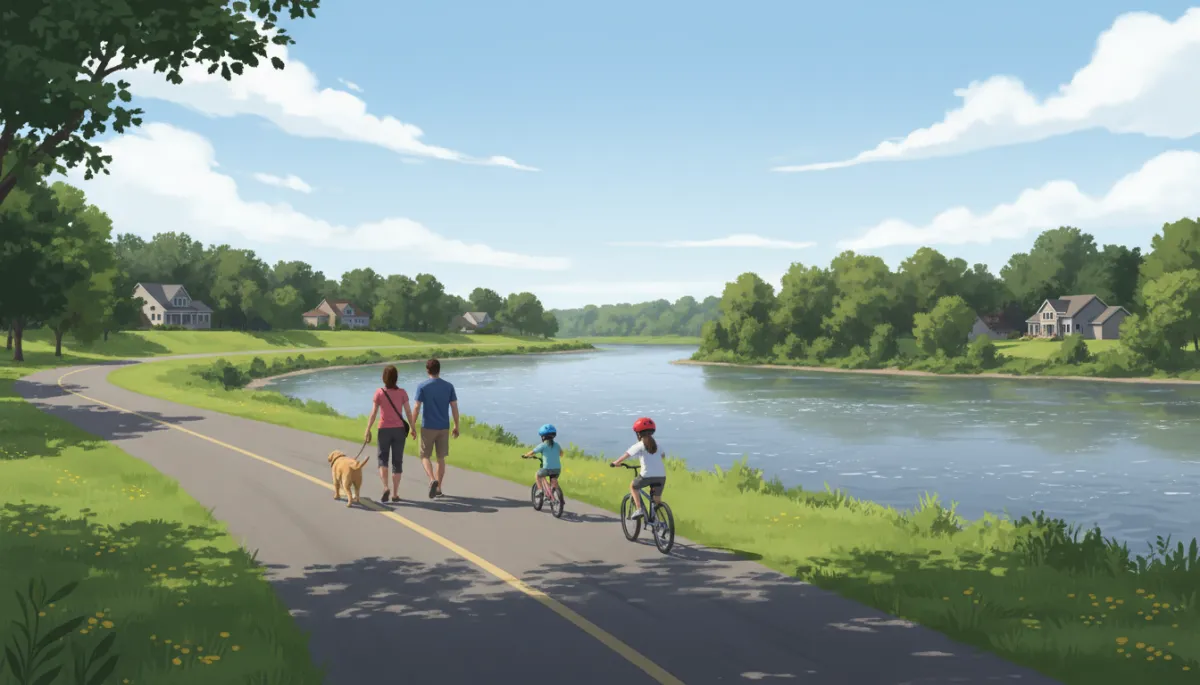 Photorealistic view of a paved trail along the Mississippi River in Elk River Minnesota, couple walking a dog, kids on bikes, trees and single-family homes visible in the distance, bright summer afternoon