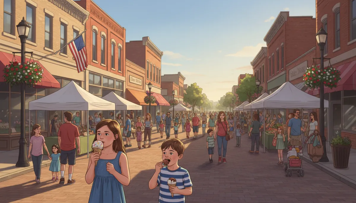 Photorealistic small-town summer event in downtown Elk River Minnesota, families gathered near historic storefronts, kids with ice cream, local vendors under tents, American flags and flower baskets along the street