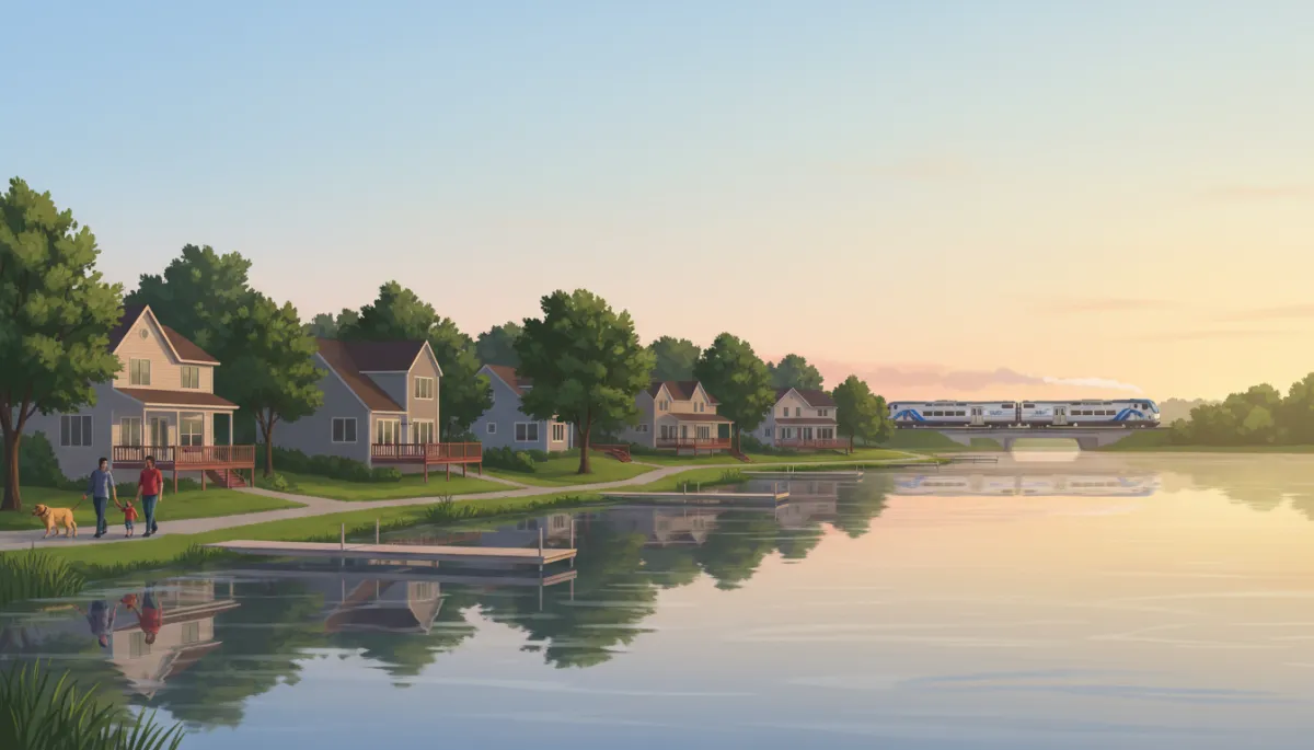 Photorealistic summer evening at Big Lake, Minnesota with calm water reflecting a pastel sky, tidy lakefront homes with decks and docks, a family walking a dog along a shoreline path, small-town houses and mature trees in the background, and a distant glimpse of a Northstar commuter rail train passing near the community