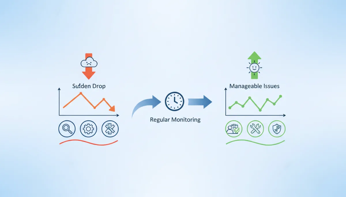 A simple, easy-to-understand infographic illustrating traffic trends over time, with a clear visual showing how regular monitoring turns sudden drops into manageable issues—no technical dashboards or code, just arrows, graphs, and friendly icons.