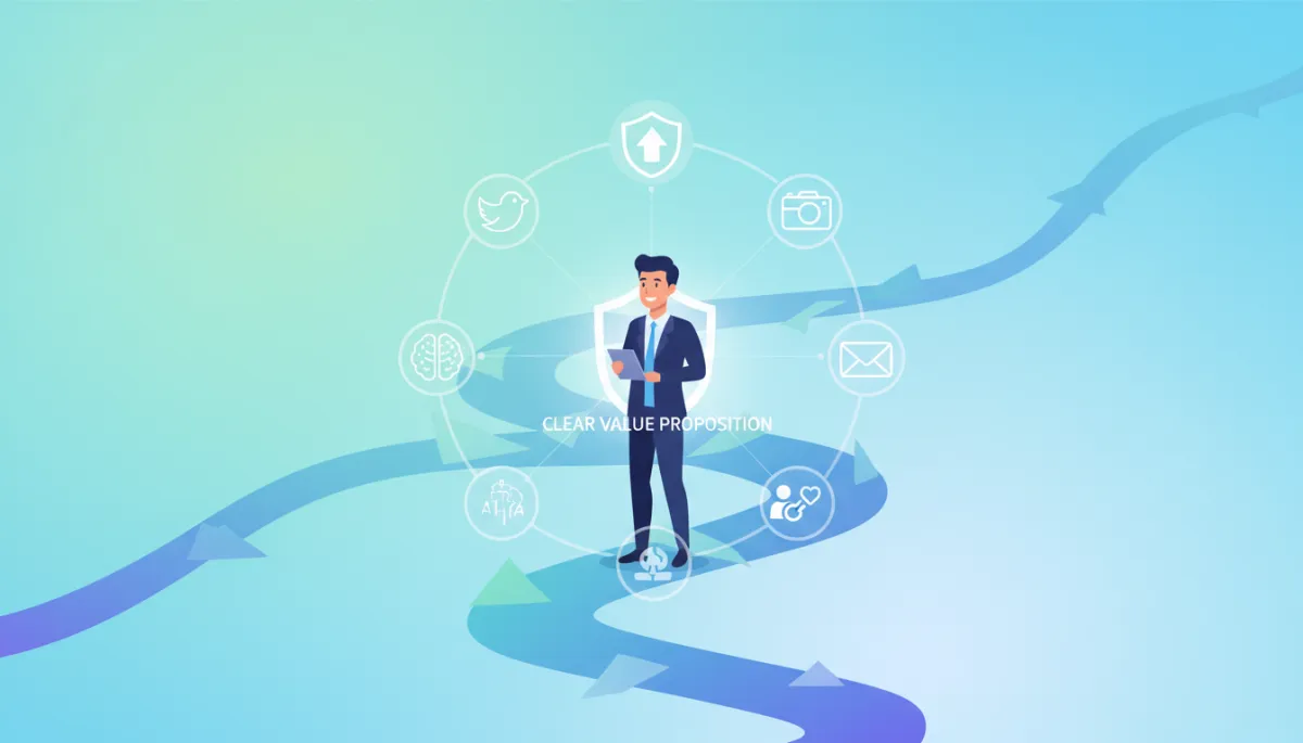 An engaging, friendly infographic showing the concept of a future-proof marketing strategy: a business owner confidently navigating shifting digital landscapes, with icons representing social media, email, AI, and customer connections, all revolving around a clear value proposition.