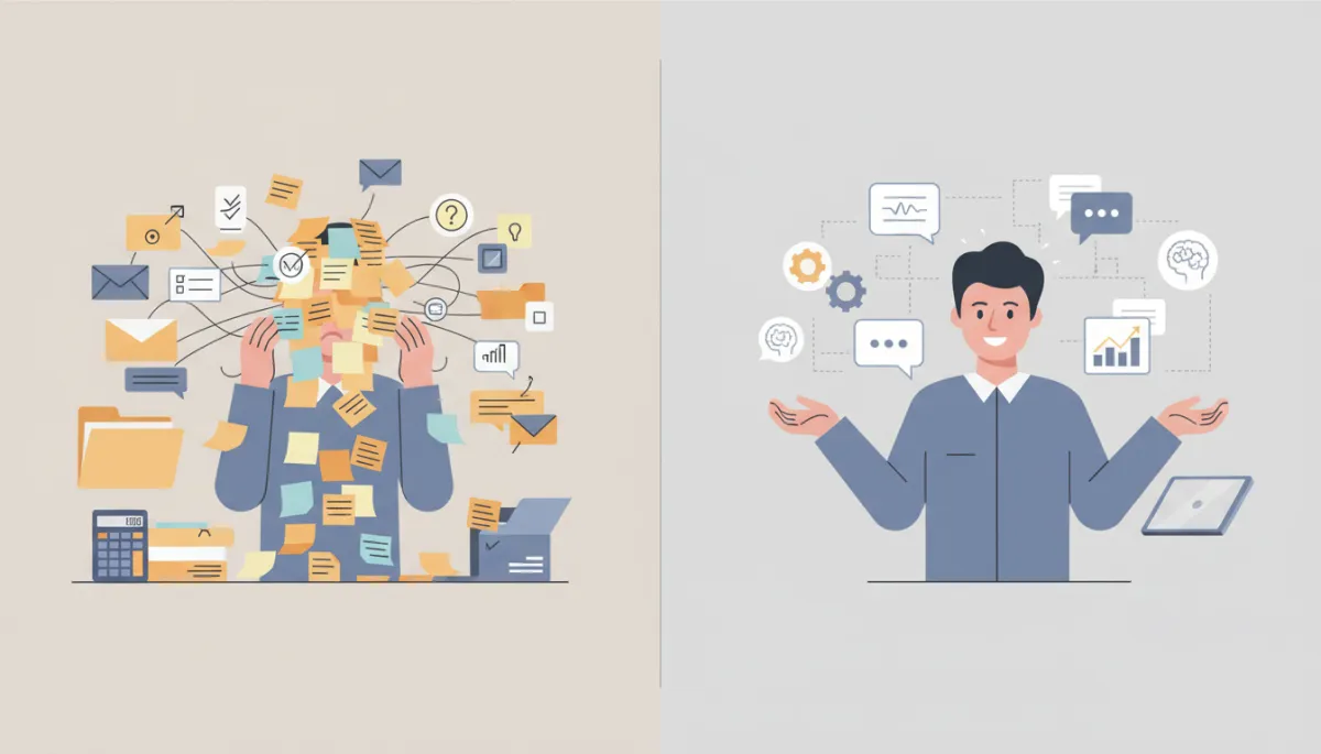 neutral-color flat infographic comparing two workers side by side, one overwhelmed with sticky notes and manual tasks, the other calmly collaborating with AI icons like chat bubbles, charts, and gears, with labeled sections showing 'Without AI' vs 'With AI' productivity