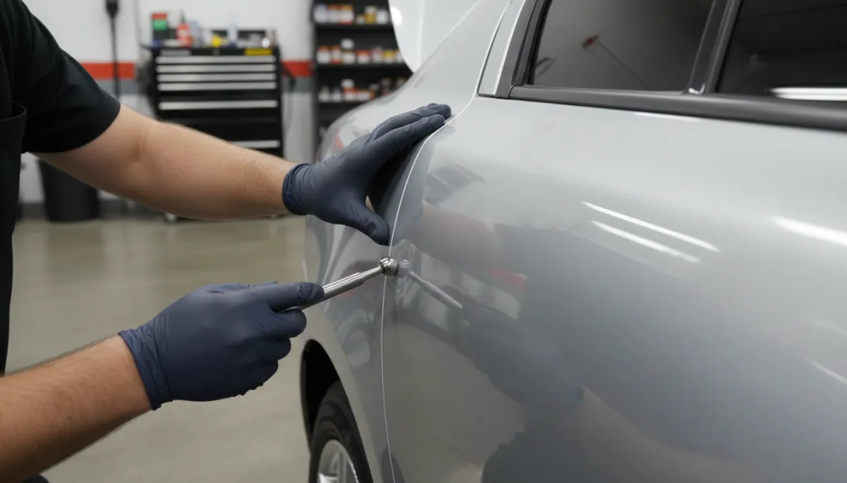 Photorealistic close-up of a technician doing paintless dent repair on a hail-damaged car in McKinney