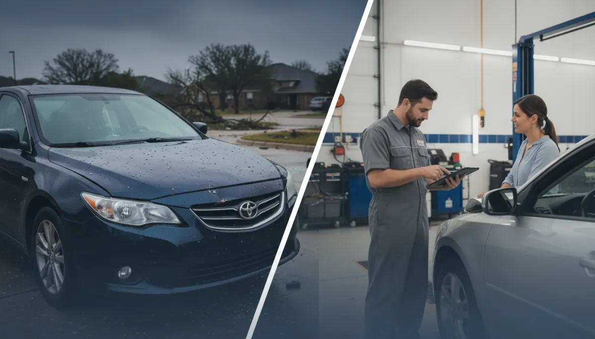 Hail-damaged sedan with visible dents on a McKinney street