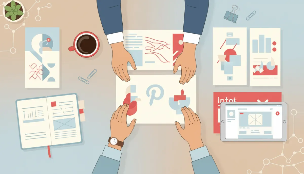 A professional marketer or creative director organizing Pinterest pin concepts and branded visuals on a tidy desk, featuring pale blue as the primary accent, Pinterest red highlights, and warm neutral tones. The scene should convey innovation, business strategy, and marketing expertise in a visually appealing, aspirational workspace.