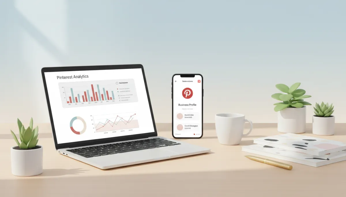 A clean, modern workspace with a laptop displaying Pinterest analytics, a smartphone showing a business Pinterest profile, and brand-aligned muted tones (mainly pale blue, accents of Pinterest red, subtle gold/beige). The setting communicates professionalism and business growth, with no text overlay, aspirational but relatable. Lighting is soft and natural. The theme clearly supports business growth, Pinterest strategy, and trustworthy marketing. A clean, modern workspace with a laptop displaying Pinterest analytics, a smartphone showing a business Pinterest profile, and brand-aligned muted tones (mainly pale blue, accents of Pinterest red, subtle gold/beige). The setting communicates professionalism and business growth, with no text overlay, aspirational but relatable. Lighting is soft and natural. The theme clearly supports business growth, Pinterest strategy, and trustworthy marketing.