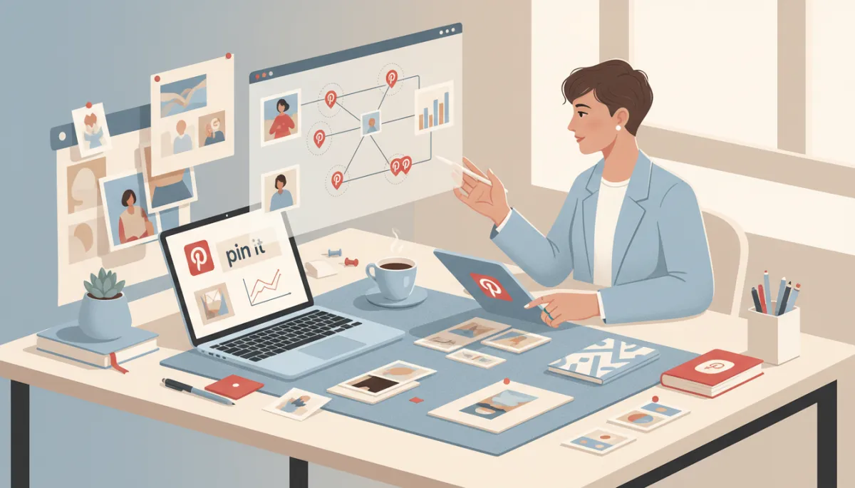 A professional marketer or creative director organizing Pinterest pin concepts and branded visuals on a tidy desk, featuring pale blue as the primary accent, Pinterest red highlights, and warm neutral tones. The scene conveys innovation, business strategy, and marketing expertise in a visually appealing, aspirational workspace. A professional marketer or creative director organizing Pinterest pin concepts and branded visuals on a tidy desk, featuring pale blue as the primary accent, Pinterest red highlights, and warm neutral tones. The scene conveys innovation, business strategy, and marketing expertise in a visually appealing, aspirational workspace.