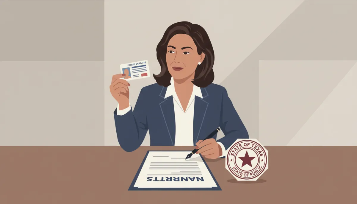 Notary comparing a client’s ID to the name on Texas legal documents