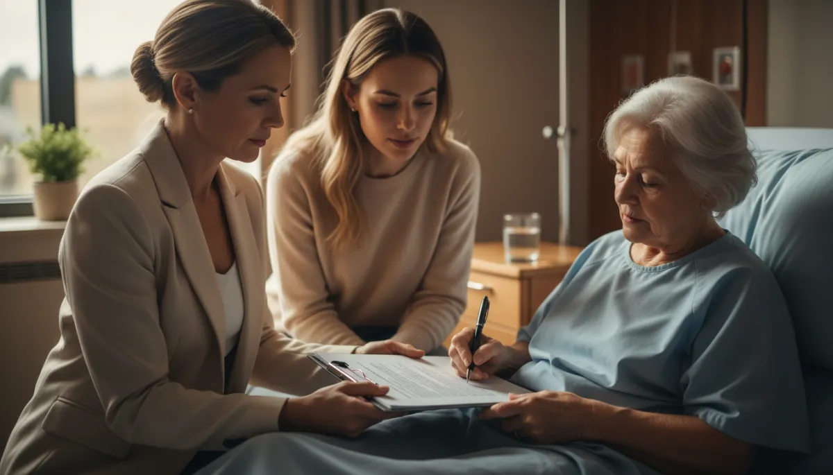 Mobile notary assisting a family with power of attorney documents at a hospital bedside Mobile notary assisting a family with power of attorney documents at a hospital bedside
