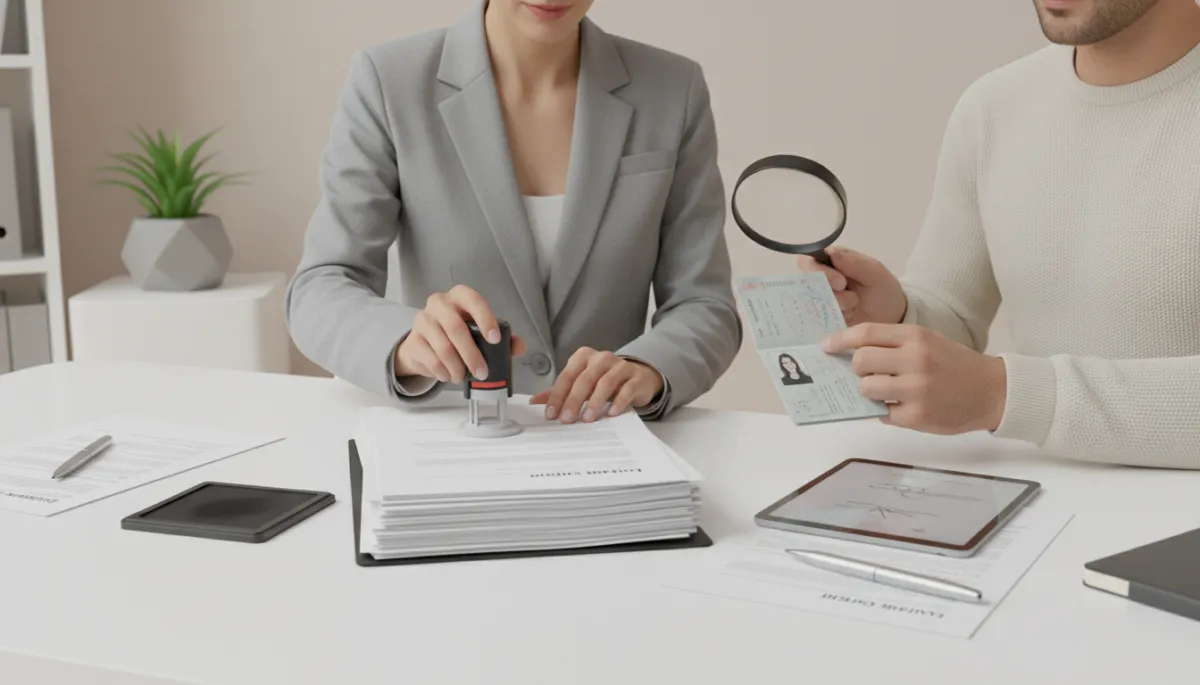Notary signing agent verifying identification and notarizing a loan document Notary signing agent verifying identification and notarizing a loan document