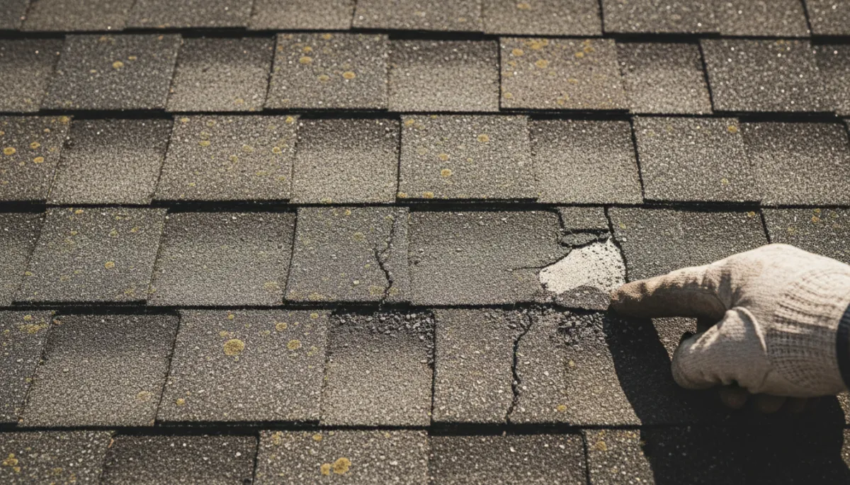 Close-up of worn asphalt shingles showing cracks and missing granules