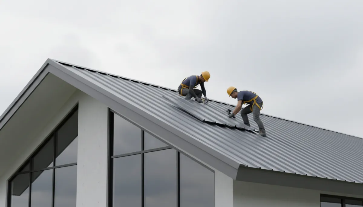 Contractors installing standing seam metal roofing on a modern Singapore home Contractors installing standing seam metal roofing on a modern Singapore home
