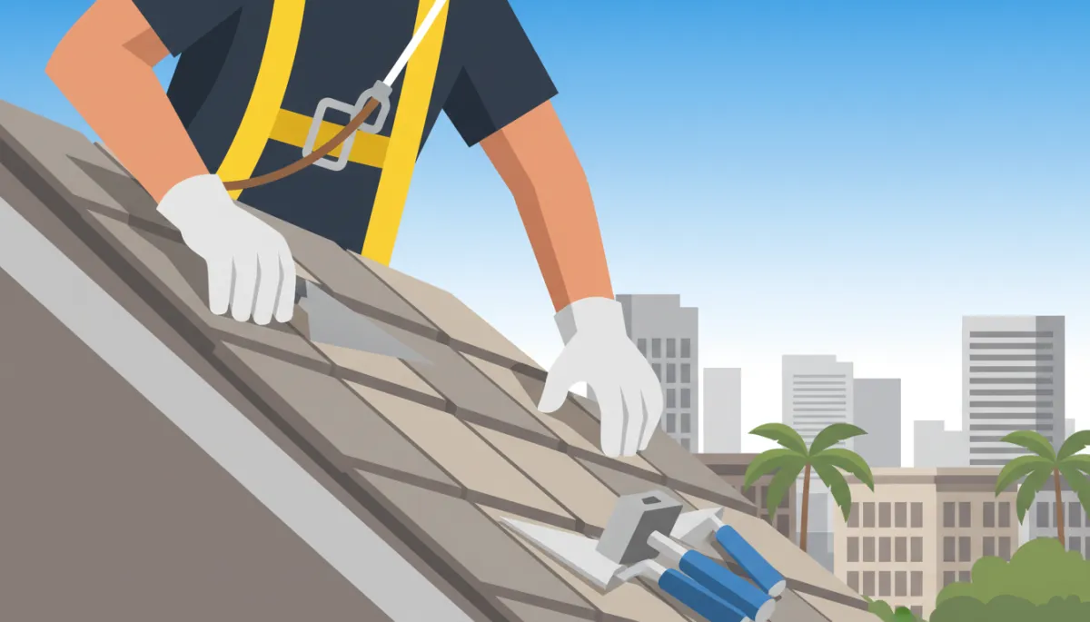 Worker installing roof tiles carefully on a pitched roof in Singapore Worker installing roof tiles carefully on a pitched roof in Singapore