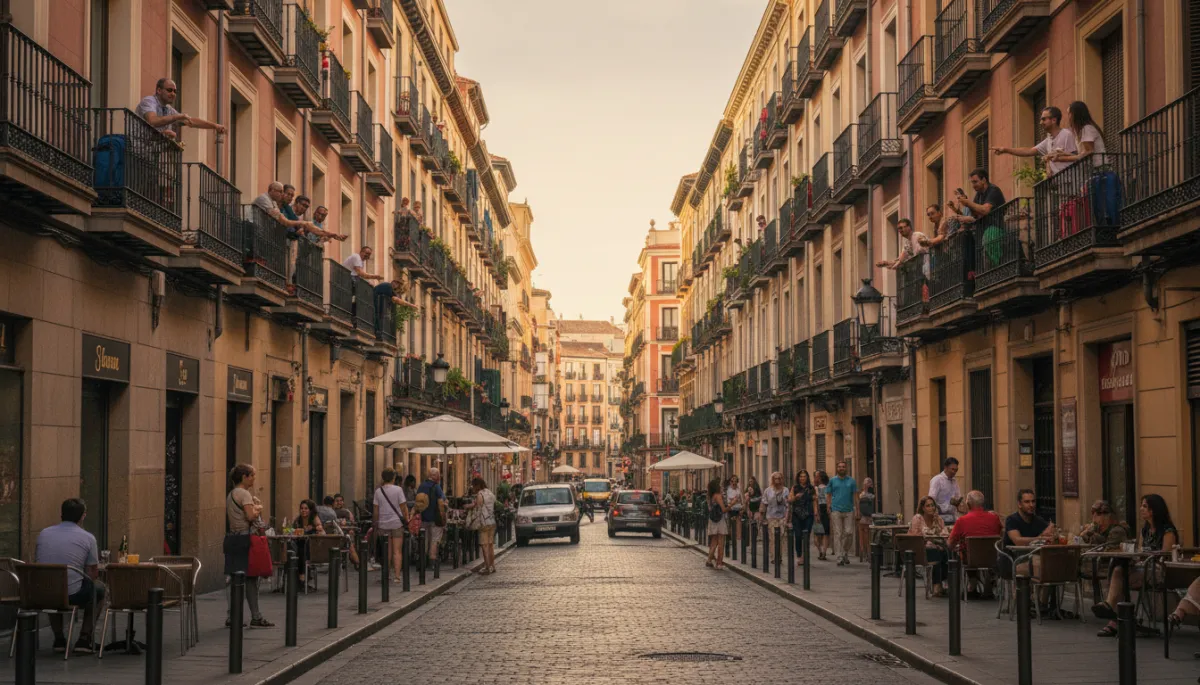 Calle urbana con mezcla de viviendas turísticas y residenciales en una ciudad española Calle urbana con mezcla de viviendas turísticas y residenciales en una ciudad española