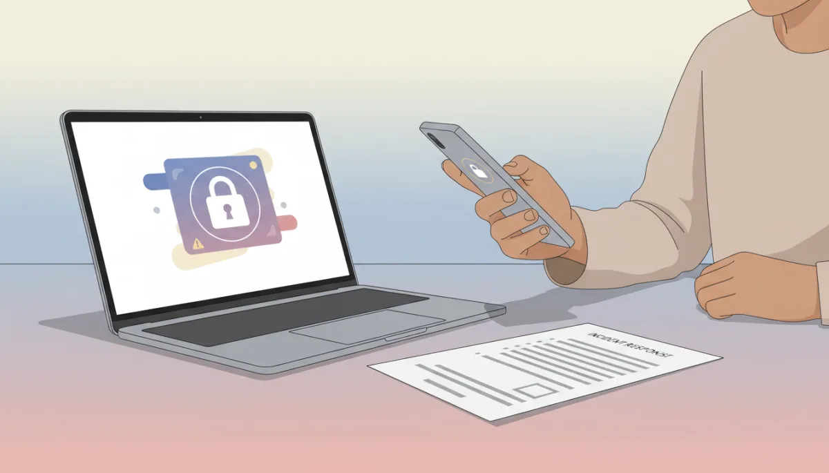 Small business workstation displaying a cybersecurity alert and response checklist