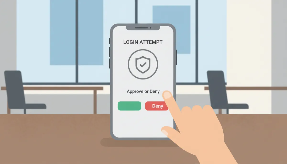 Smartphone displaying a suspicious multifactor authentication push notification in a professional office setting Smartphone displaying a suspicious multifactor authentication push notification in a professional office setting