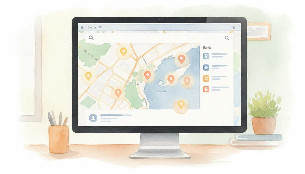 Google Maps results showing several local businesses in Barrie highlighted on the screen Google Maps results showing several local businesses in Barrie highlighted on the screen