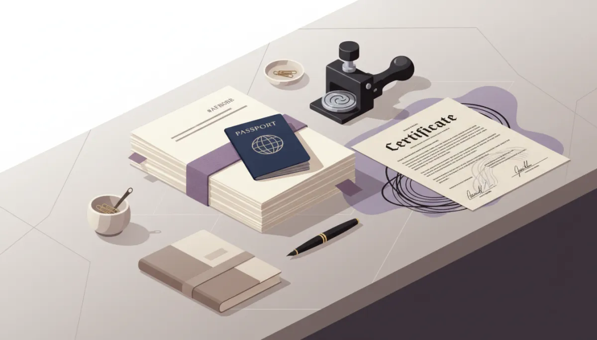 A professional office desk scene featuring neatly arranged legal documents, a passport, notary seal, and a certificate labeled 'apostille', styled in a photorealistic manner. The color palette should be elegant and neutral, but incorporate subtle accents using the brand colors #AF80B8, #000000, and #FFFFFF.