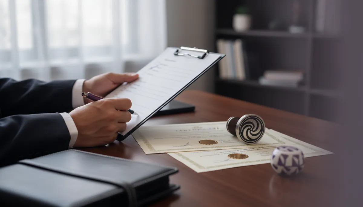A photorealistic close-up image of a person reviewing a checklist beside official certificates and a notary stamp on a desk, with subtle visual elements or accents in the brand colors #AF80B8, #000000, and #FFFFFF.