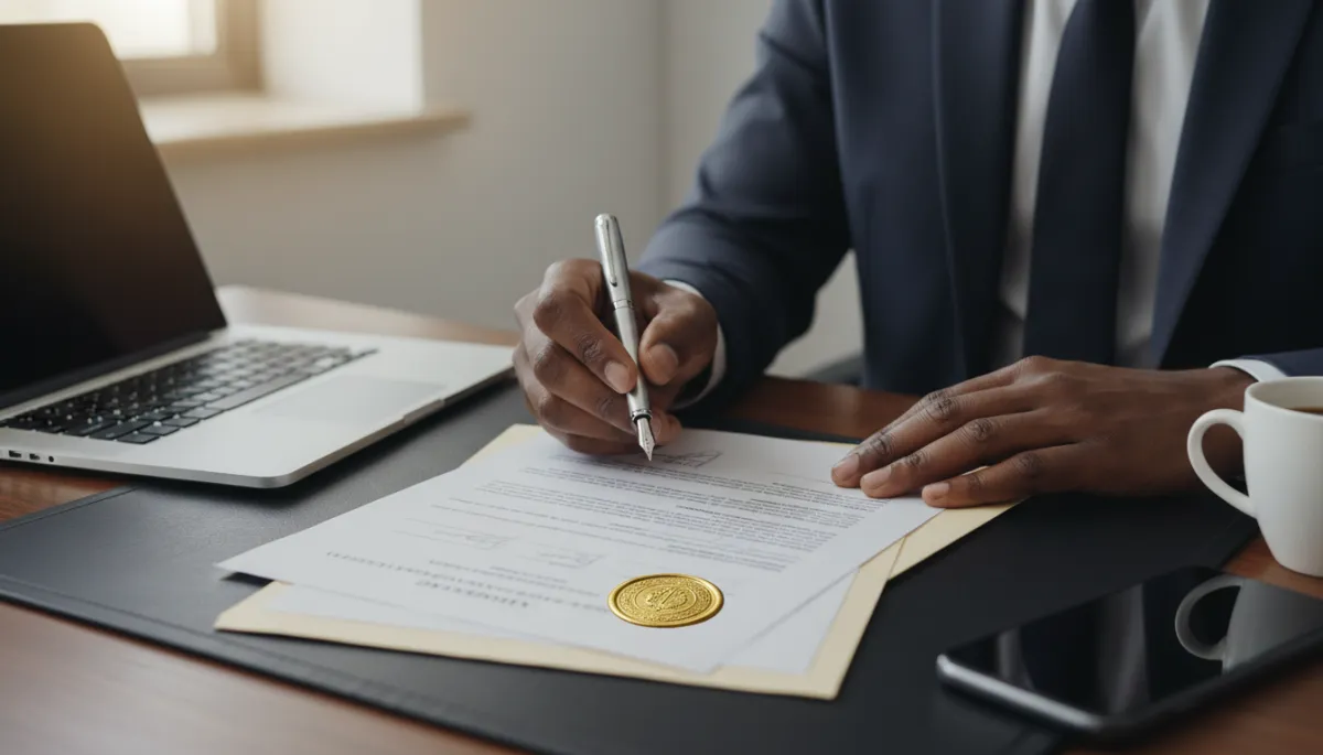 A photorealistic, high-quality image depicting a professional African American businessperson's hands (wearing a suit) holding a pen over official-looking documents on a neatly organized desk. One document is prominently stamped with a gold apostille seal. The desk also features a sleek laptop, a cup of coffee, and a smartphone, conveying a busy African American professional’s workspace. The background is softly blurred, focusing attention on the documents and apostille stamp, with modern office lighting.
