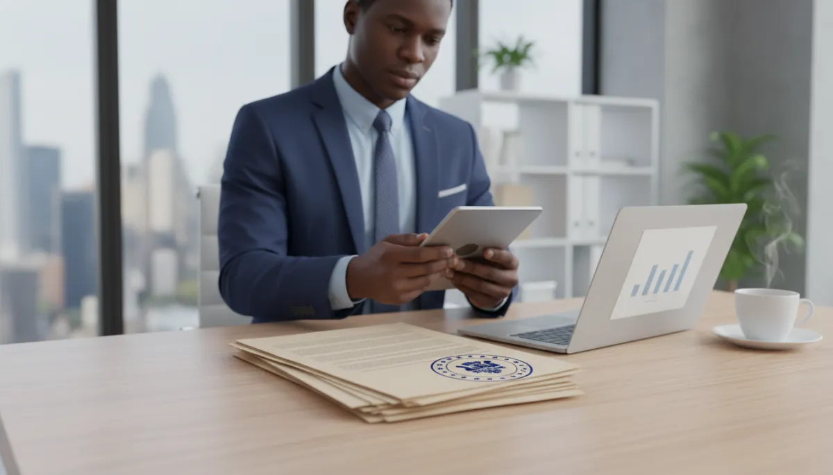 A photorealistic image of an African American professional reviewing a checklist next to a stack of official documents, one document clearly stamped with an apostille seal, inside a modern office setting. The professional appears focused and well-dressed, with a laptop and coffee cup on the desk, and the background softly blurred.