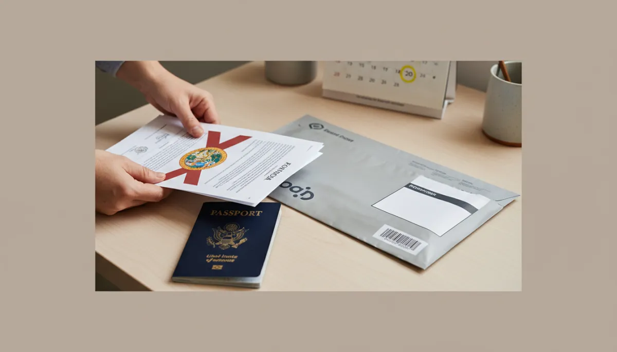 Person organizing Florida documents and courier envelope while planning apostille timing