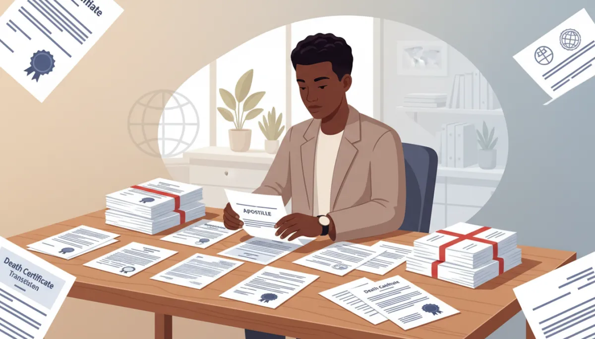 African American individual organizing death certificates, translations, and apostille paperwork on a desk. The setting is professional and neutral-toned, evoking themes of legal documentation and international use. African American individual organizing death certificates, translations, and apostille paperwork on a desk. The setting is professional and neutral-toned, evoking themes of legal documentation and international use.