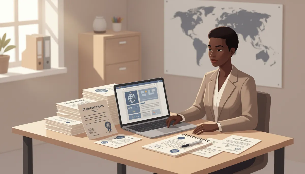 Professional neutral-toned scene of an African American person at a tidy desk reviewing official-looking certificates and legal documents, with a pen, notebook, and laptop open to a government website, soft natural light and calm atmosphere. The focus is on legal documentation, international use, and death certificates. Professional neutral-toned scene of an African American person at a tidy desk reviewing official-looking certificates and legal documents, with a pen, notebook, and laptop open to a government website, soft natural light and calm atmosphere. The focus is on legal documentation, international use, and death certificates.