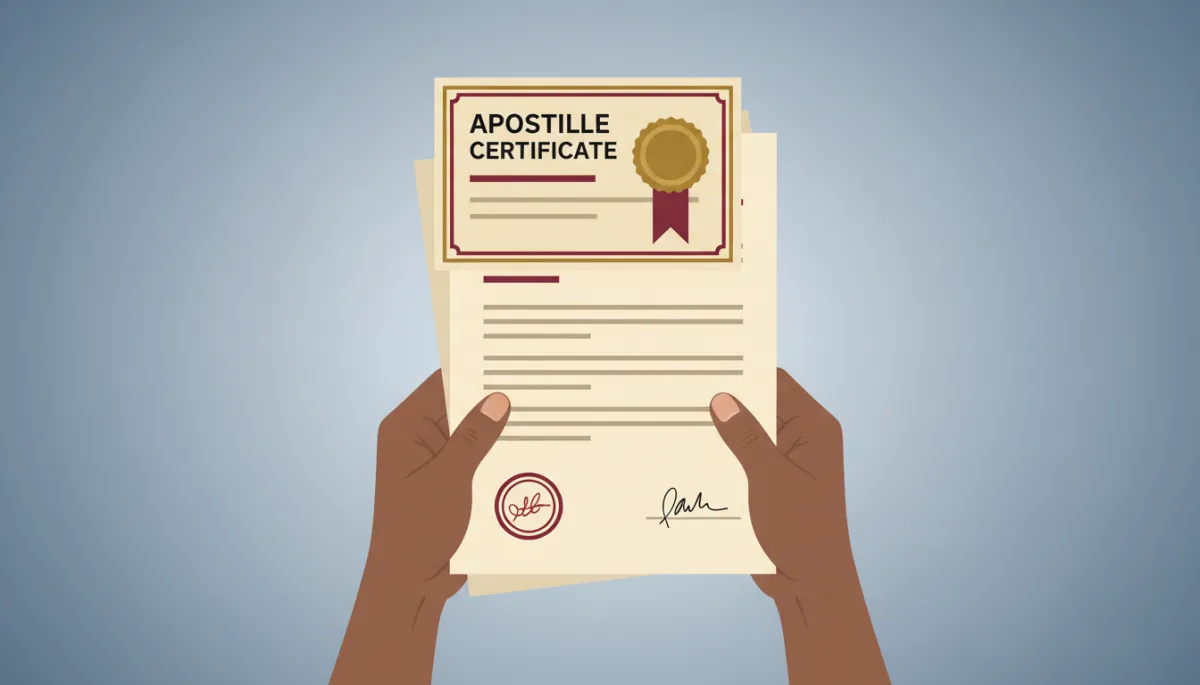 Apostille certificate attached to a notarized Power of Attorney document, with African American hands visible holding or presenting the document. Professional setting, neutral background, clear focus on legal documentation, suitable for international legal context. Apostille certificate attached to a notarized Power of Attorney document, with African American hands visible holding or presenting the document. Professional setting, neutral background, clear focus on legal documentation, suitable for international legal context.