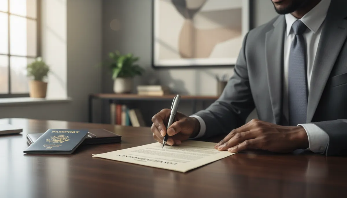 Professional, neutral-toned office scene featuring an African American individual signing a Power of Attorney document on a wooden desk. Close-up of hands, with a passport and pen nearby. Soft natural light, professional photographic style, trustworthy and authoritative tone, suitable for legal and international documentation context. Professional, neutral-toned office scene featuring an African American individual signing a Power of Attorney document on a wooden desk. Close-up of hands, with a passport and pen nearby. Soft natural light, professional photographic style, trustworthy and authoritative tone, suitable for legal and international documentation context.