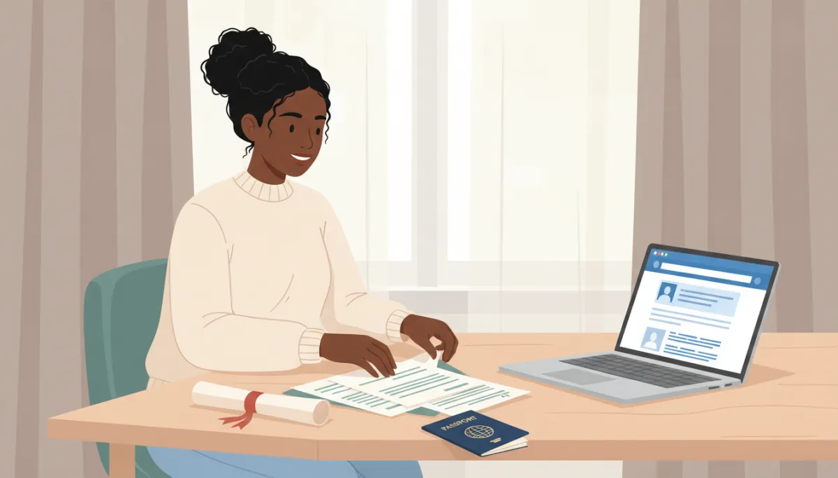 A professional, neutral-toned scene featuring an African American recent graduate at a tidy desk organizing a college diploma, transcripts, and passport, with a laptop displaying an official government website. The setting should have soft natural light and a calm, professional atmosphere.