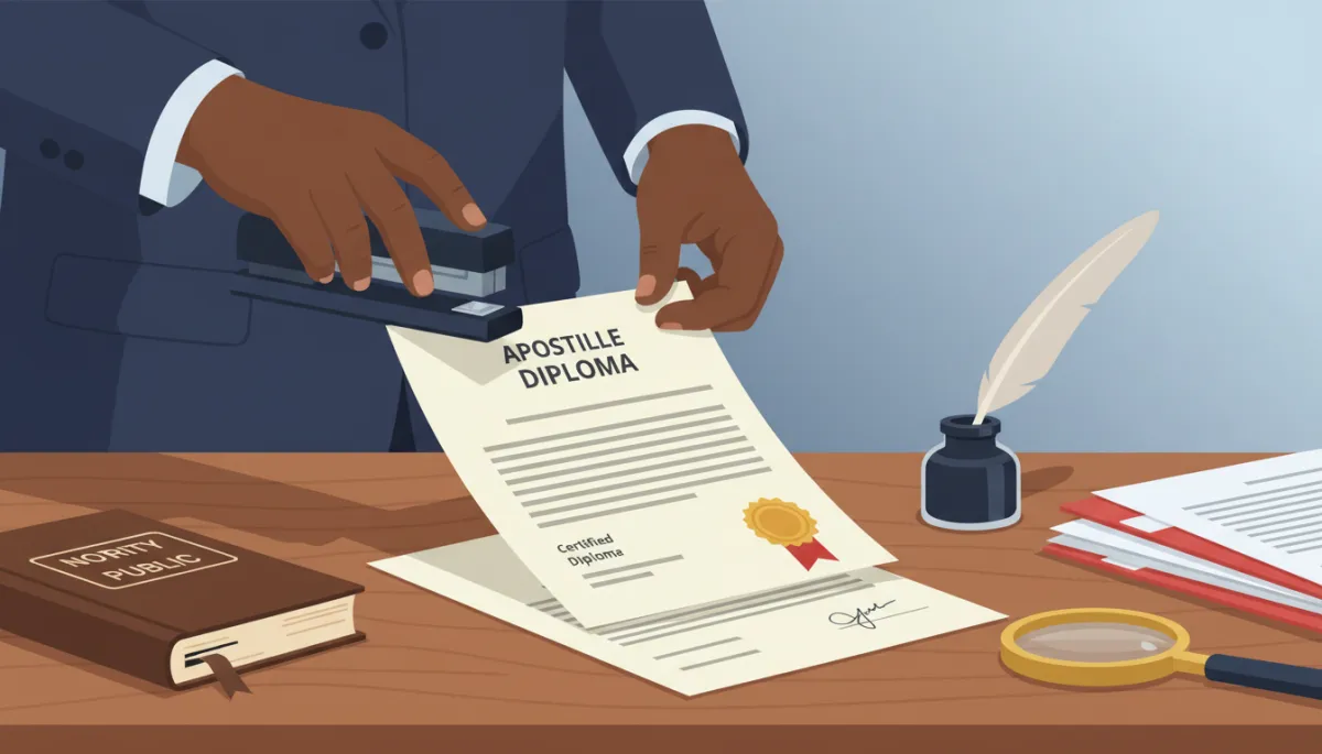 A close-up in a professional environment showing the hands of an African American individual attaching an apostille certificate to a certified copy of a college diploma. The setting should be organized and convey trustworthiness and attention to detail.