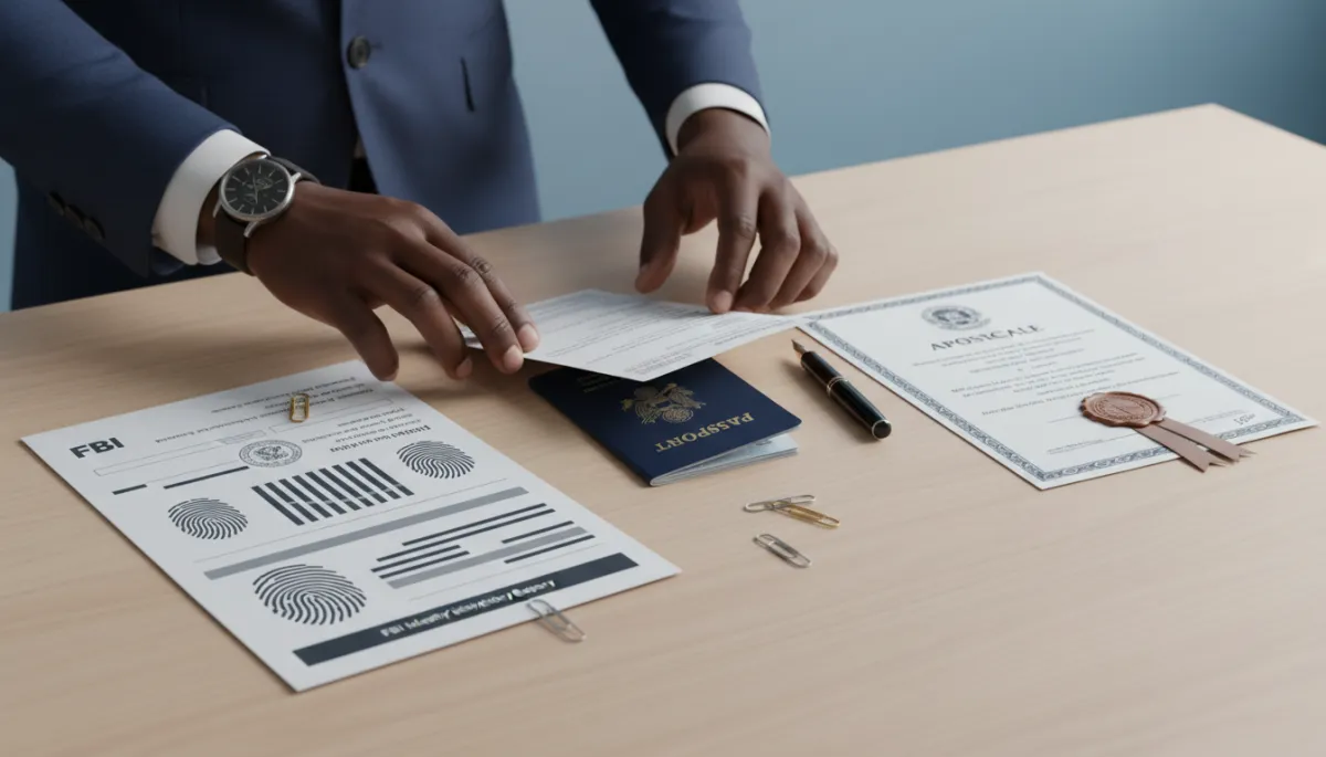 A modern, photorealistic image of an African American individual's hands arranging an FBI background check, apostille certificate, and passport on a tidy desk. The scene conveys professionalism and readiness for international travel.