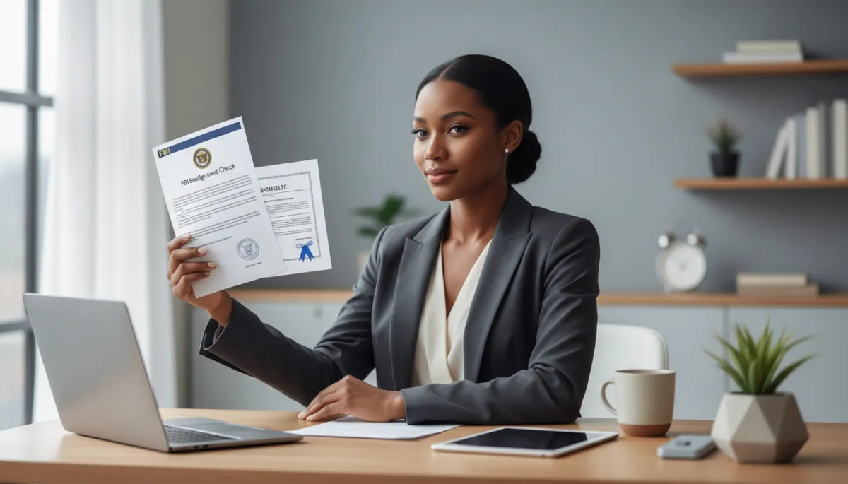 Professional photorealistic scene of an African American individual sitting at a tidy desk reviewing an FBI background check document and apostille certificate, neutral color palette, soft natural light, modern office setting. The person appears confident and focused.