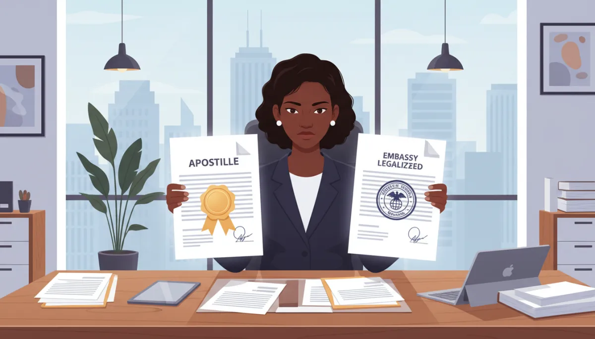 African American legal specialist comparing apostilled and embassy-legalized documents on a desk in a modern professional office environment. Focus on document validation, global business context, and professionalism.
