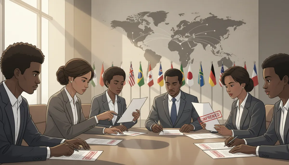 Professional, neutral-toned office scene with African American international business executives reviewing stamped documents at a conference table. World map and international flags in the background, soft natural lighting, professional photographic style. Emphasize diversity and global operations.