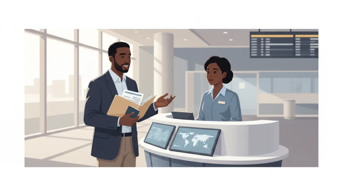 A professional, neutral-toned photograph of an African American international traveler at a modern airport information desk, holding a folder of documents while speaking with an African American staff member, soft natural lighting, calm and trustworthy atmosphere.