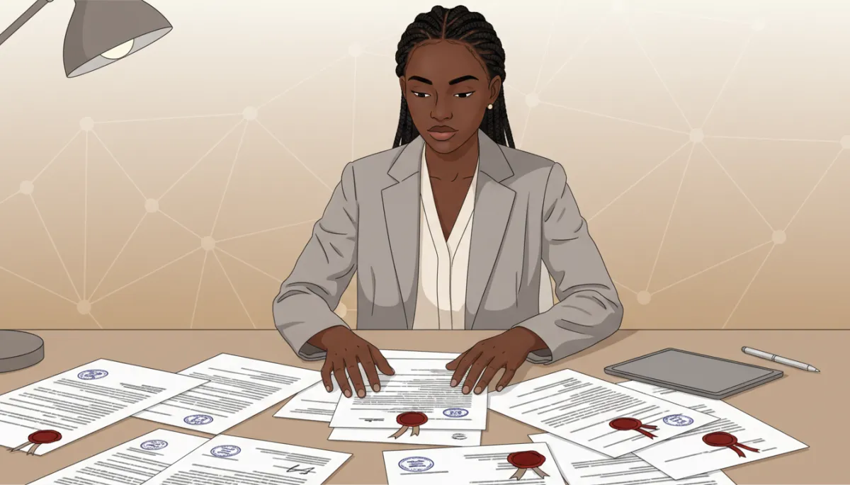 An African American person reviewing apostilled international documents at a professional, neutral-toned desk.