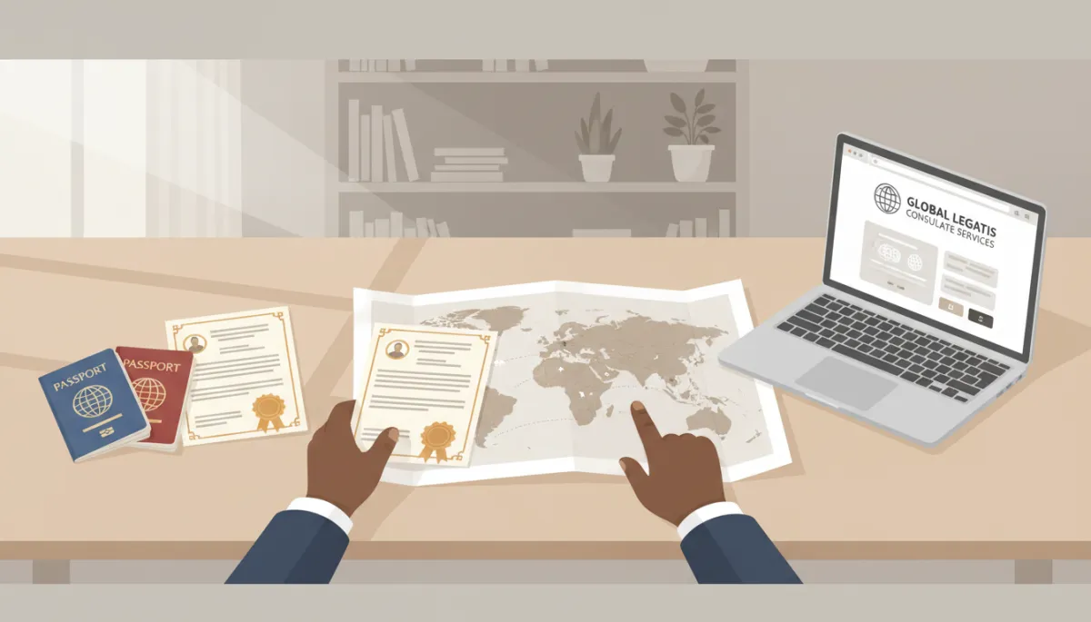 A professional, neutral-toned scene featuring an African American individual at a desk comparing passports, certificates, and a world map, with a laptop displaying a consulate website. The setting should include soft natural light and convey a calm, professional atmosphere. Emphasize travel documentation and legalisation themes.