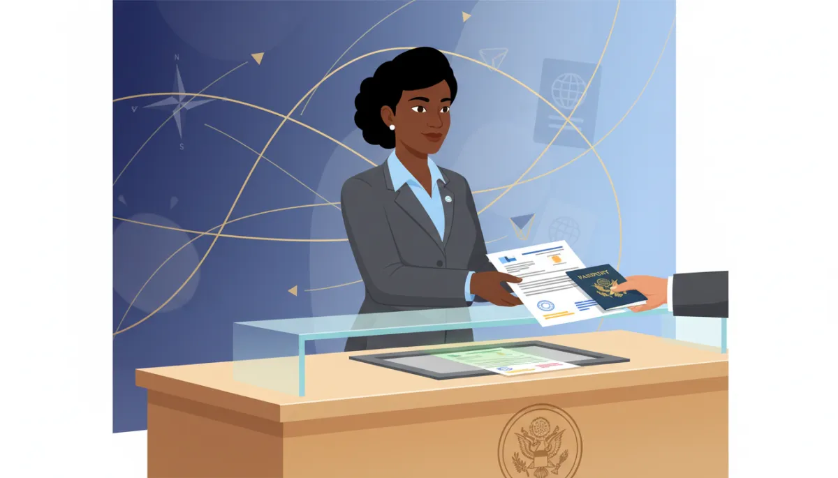 A consular officer, who is African American, receiving documents for legalisation at an embassy counter. The scene should communicate professionalism and the process of consular legalisation, emphasizing themes of travel documentation and authenticity.