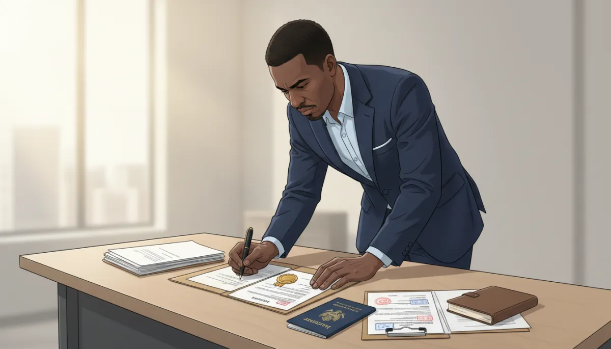 Professional neutral-toned office desk with neatly arranged documents, passport, pen, and a stamped certificate. Include an African American male professional, dressed in business attire, reviewing documents at the desk. The scene should feature soft natural light, a serious and trustworthy atmosphere, and visual cues of authentication and verification. Professional neutral-toned office desk with neatly arranged documents, passport, pen, and a stamped certificate. Include an African American male professional, dressed in business attire, reviewing documents at the desk. The scene should feature soft natural light, a serious and trustworthy atmosphere, and visual cues of authentication and verification.