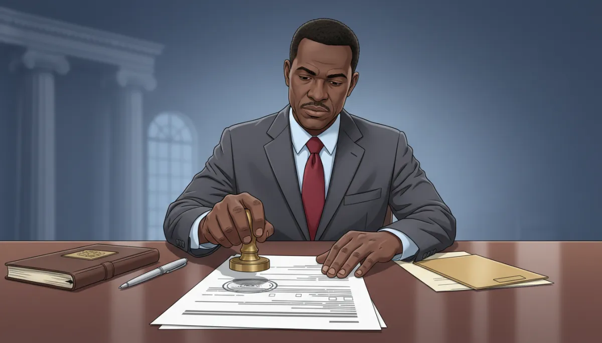 An African American male official, dressed in formal business attire, carefully reviewing and stamping a document for apostille at a clean, professional office desk. Emphasize the authentication and verification process in a trustworthy, serious style. An African American male official, dressed in formal business attire, carefully reviewing and stamping a document for apostille at a clean, professional office desk. Emphasize the authentication and verification process in a trustworthy, serious style.