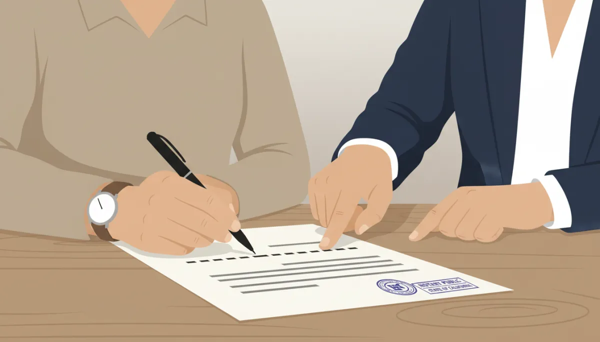 Person signing a real estate document in front of a notary public