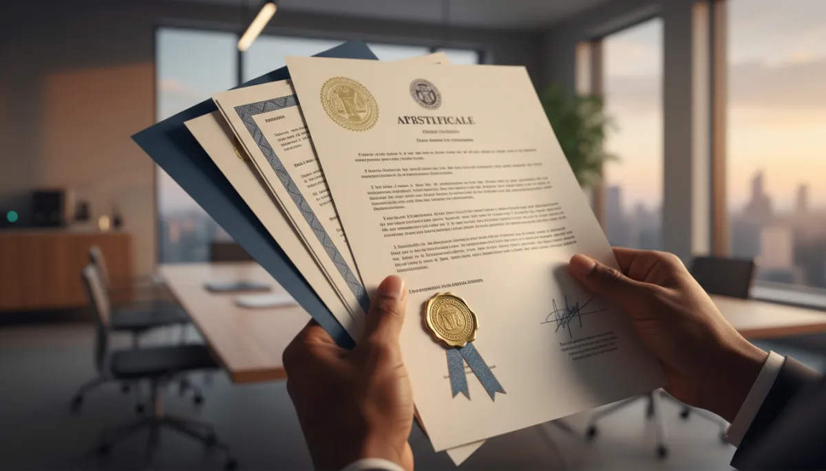 Photorealistic image of African American hands holding documents with a notary seal and apostille certificate in a modern, professional setting, emphasizing trust and global document acceptance. Photorealistic image of African American hands holding documents with a notary seal and apostille certificate in a modern, professional setting, emphasizing trust and global document acceptance.